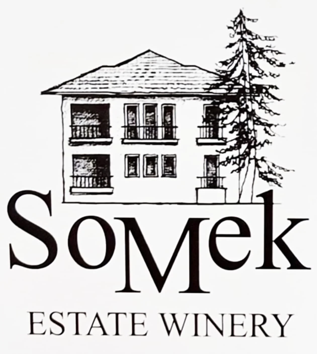 Logo for Somek Estate Winery featuring a sketch of a two-story house with balconies and a large tree, with the name 'Somek' and 'Estate Winery' written below.