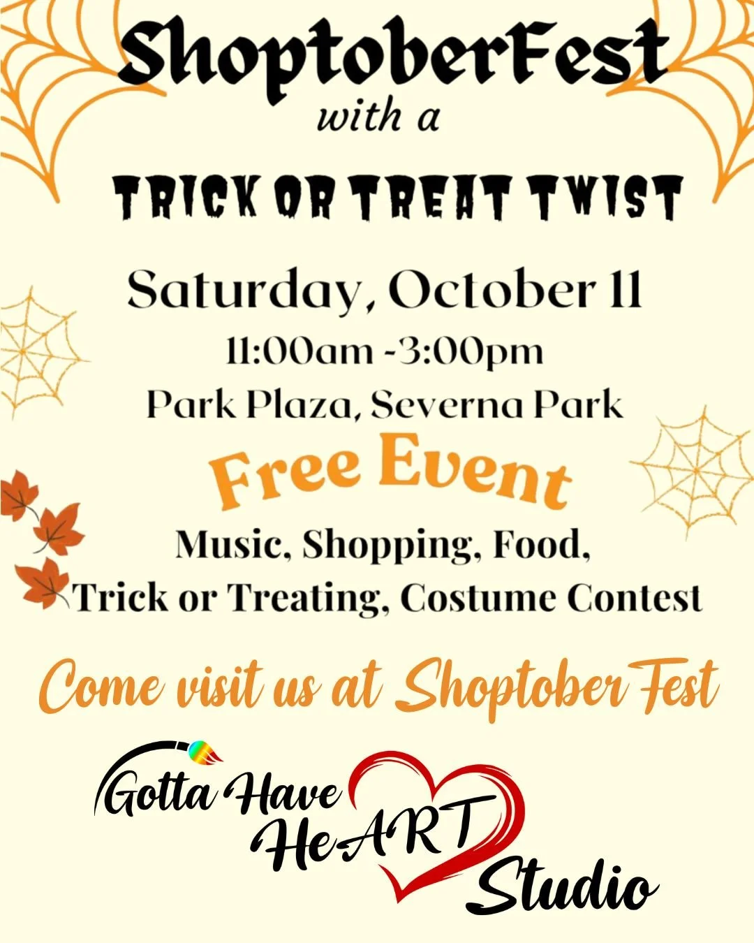 Join us at ShoptoberFest this Saturday! 🎃

We&rsquo;ll have crafts, treats, and plenty of creative fun. Stop by and say hello!

#ShoptoberFest #SevernaPark #ShopLocal #FallFun #GottaHaveHeART