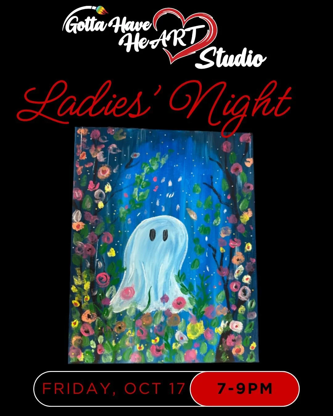 Grab your friends and join us Friday, October 17 from 7&ndash;9 PM for a spooky-cute night of painting, laughter, and creativity! 🎨💖

We&rsquo;ll be painting this adorable &ldquo;Ghost in the Garden&rdquo; canvas. No experience needed, just bring y