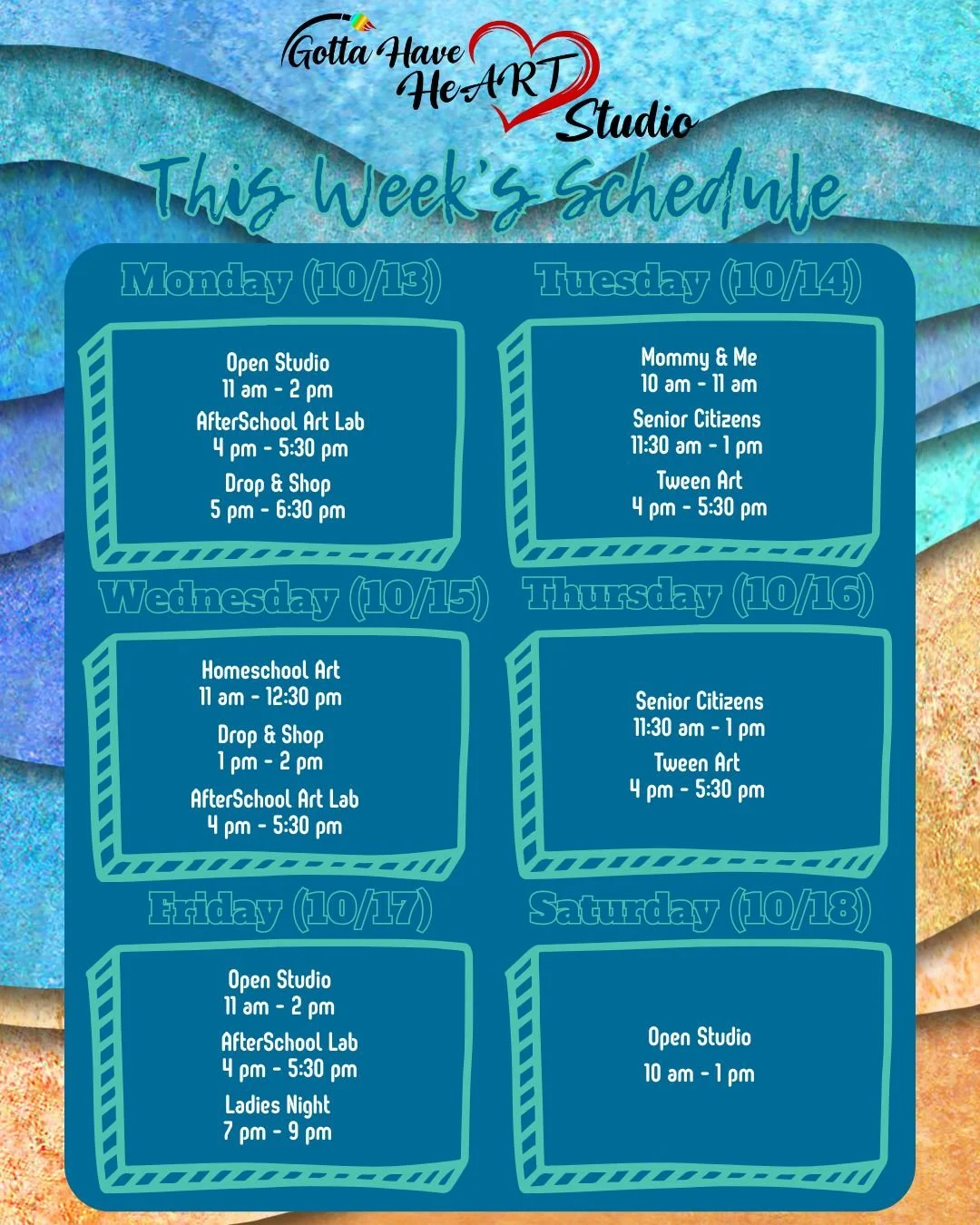 📅 Here&rsquo;s what&rsquo;s happening this week at Gotta Have HeART! Don&rsquo;t miss Ladies Night this Friday 7&ndash;9 PM!

Come create with us! 💖

#GottaHaveHeART #SevernaParkMD #WeeklySchedule #LadiesNight