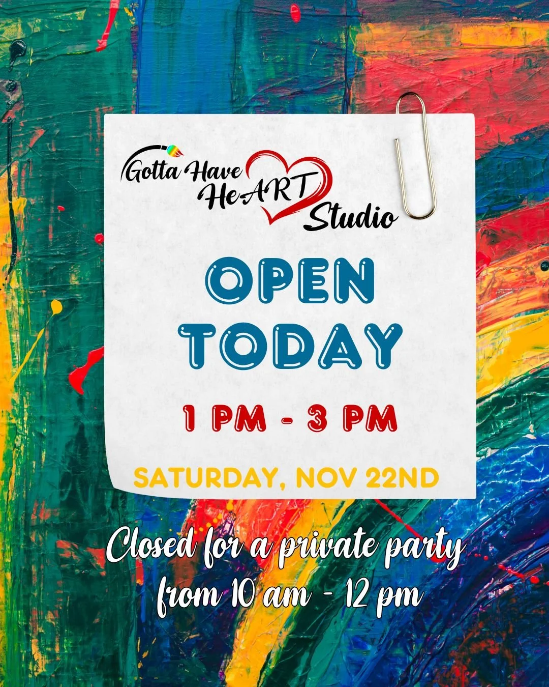 🎨 We&rsquo;re open today from 1&ndash;3 PM! 
Stop by the studio this afternoon for Open Studio time. 
Please note:
🎉 The studio is closed this morning (10 AM &ndash; 12 PM) for a private party.

We can&rsquo;t wait to see you later today!

#GottaHa
