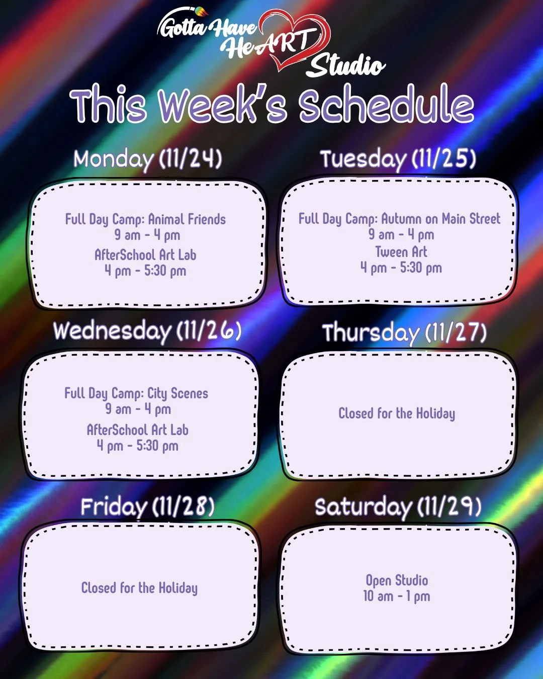 📅 ✨  Here&rsquo;s what&rsquo;s happening at the studio this week!

It&rsquo;s a big week of creativity before the holiday!
🦊 Monday: Full Day Camp &ndash; Animal Friends
🍁 Tuesday: Full Day Camp &ndash; Autumn on Main Street
🏙️ Wednesday: Full Da