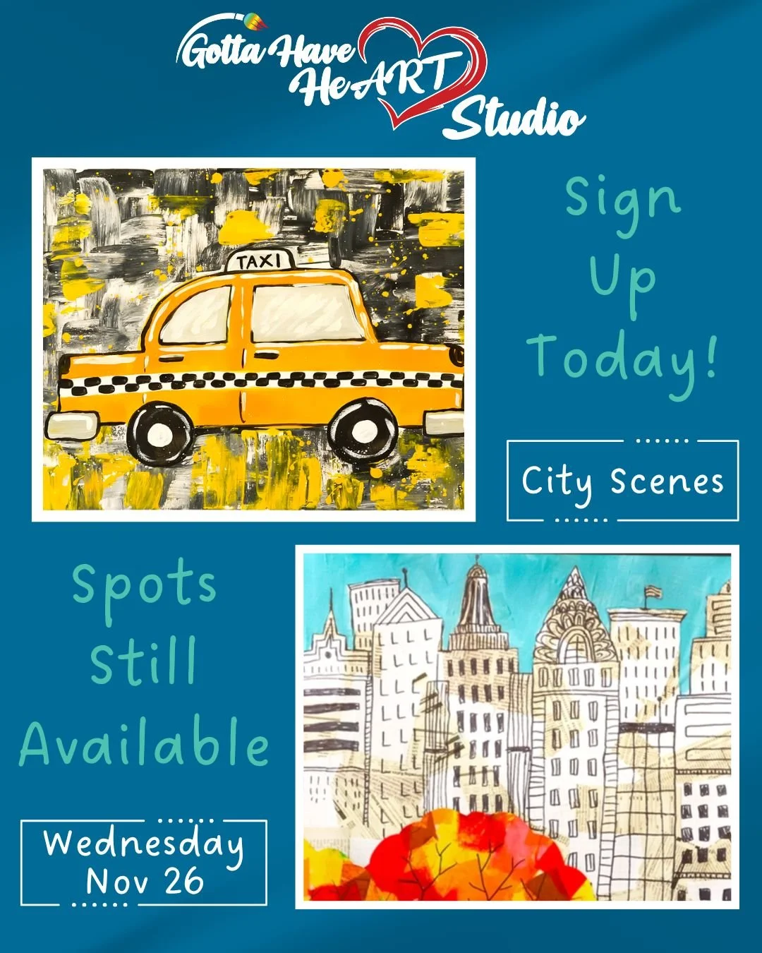 Still a few spots left for Day 3 of our Thanksgiving Camp!

If your kiddo wants a day full of art and imagination, snag a spot while you can!

#GottaHaveHeARTStudio #ThanksgivingCamp #CityScenes #KidsArtCamp #SevernaParkMD #AnneArundelCounty #Creativ