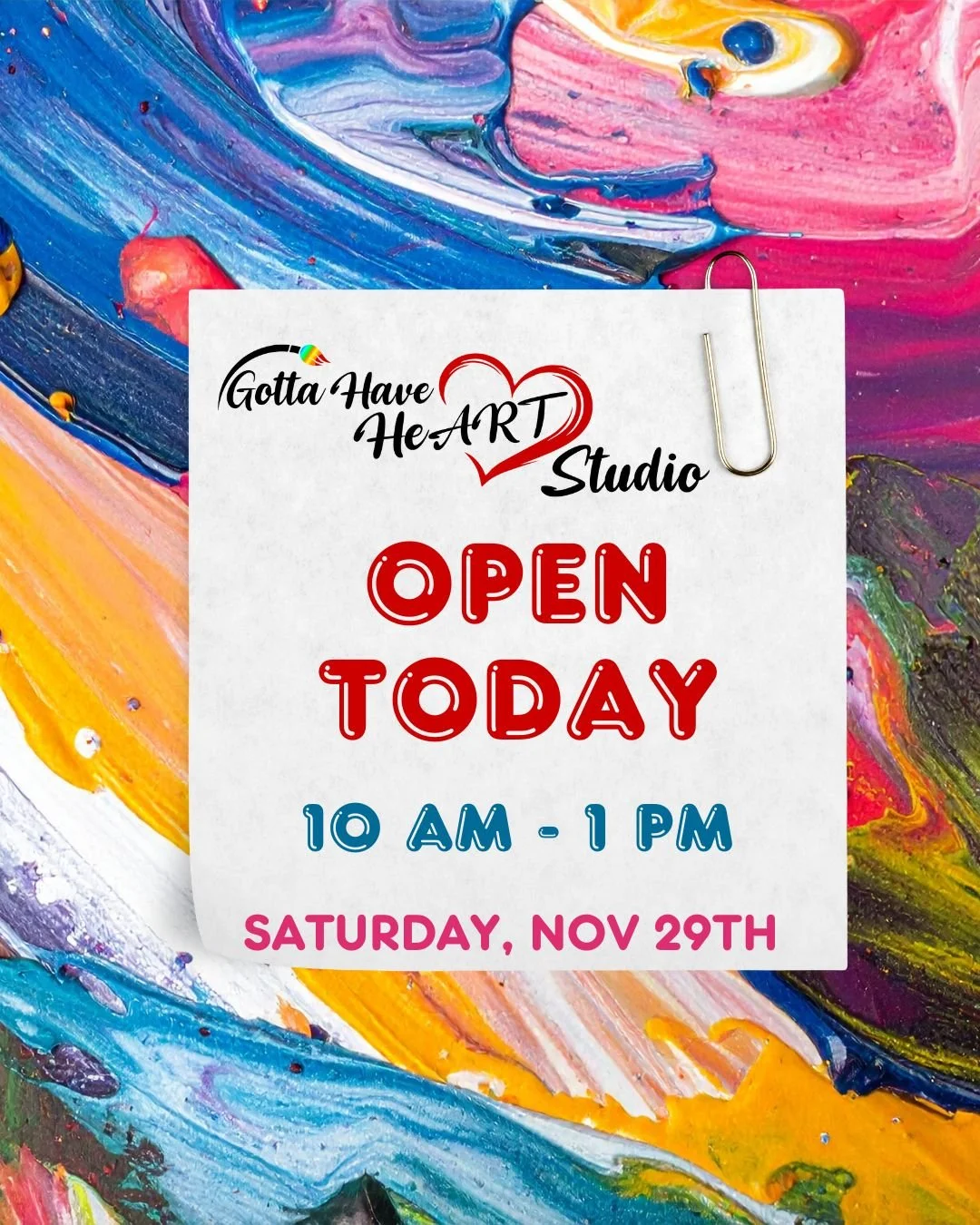 🎨✨ We&rsquo;re OPEN today from 10 AM &ndash; 1 PM!

Stop by for Open Studio and enjoy a relaxing morning at Gotta Have HeART Studio. Paint, craft, explore! It&rsquo;s the perfect way to ease back into the weekend after the holiday. 💛

#GottaHaveHeA