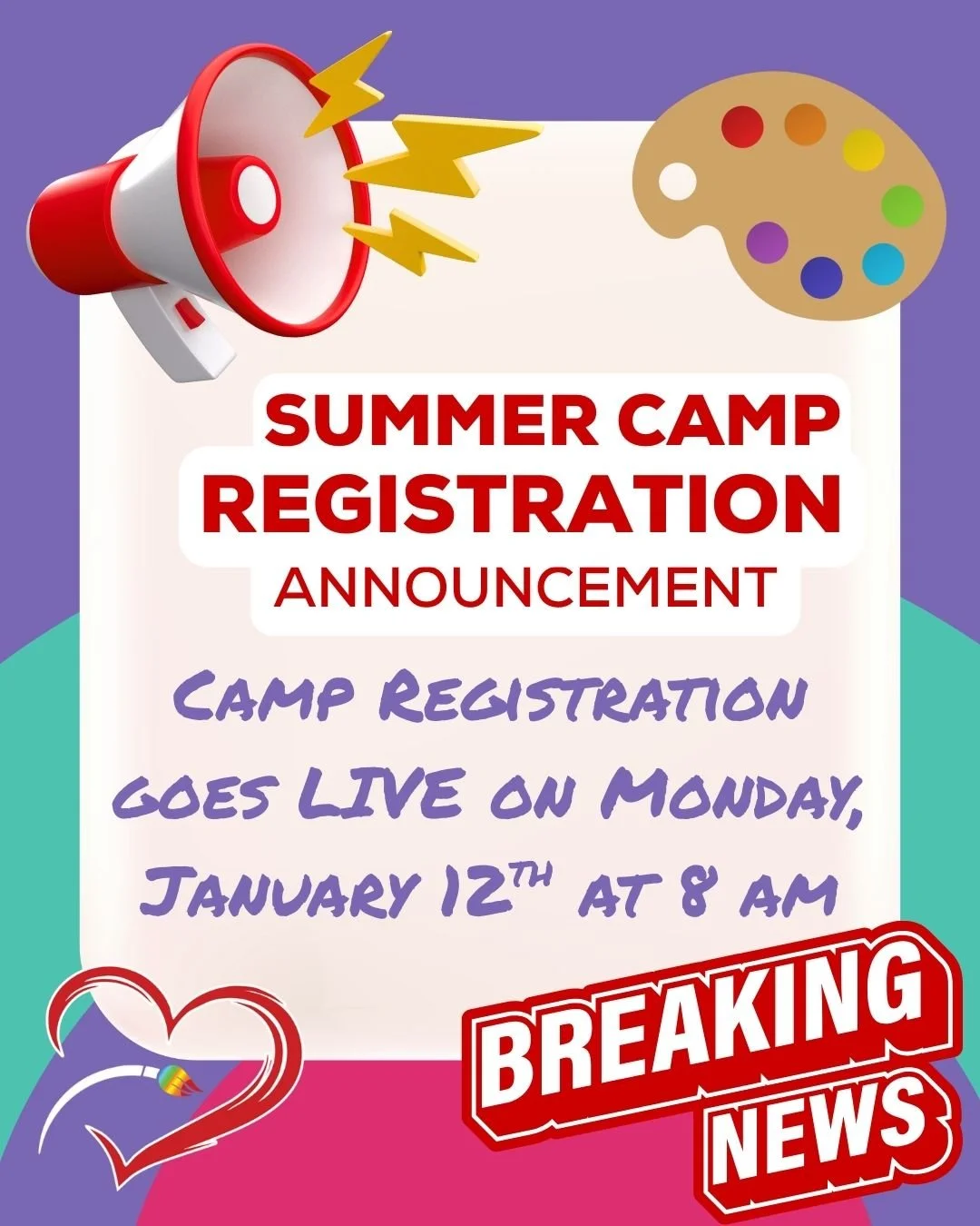 🚨 BREAKING NEWS! 🚨 Our Summer Camp Registration goes LIVE this Monday, January 12th at 8 AM! 🎨

Spots fill quickly! Make sure to set those alarms.  Get ready for a summer full of creativity, color, and fun at Gotta Have HeART Studio 💜

👉 Registe