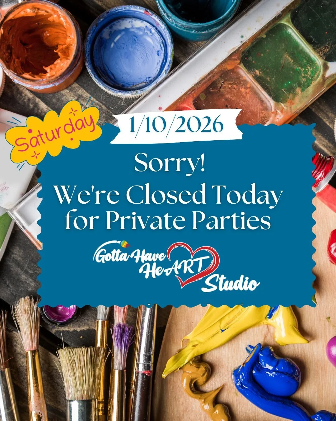 🎉 Just a heads up! We&rsquo;re closed today (Saturday, 1/10) as the studio is booked with private parties. 

#GottaHaveHeARTStudio #PrivatePartyDay #ClosedToday #ArtStudioLife #CreativeCommunity #SevernaParkMD #AnneArundelCounty #ArtFun #CelebrateCr