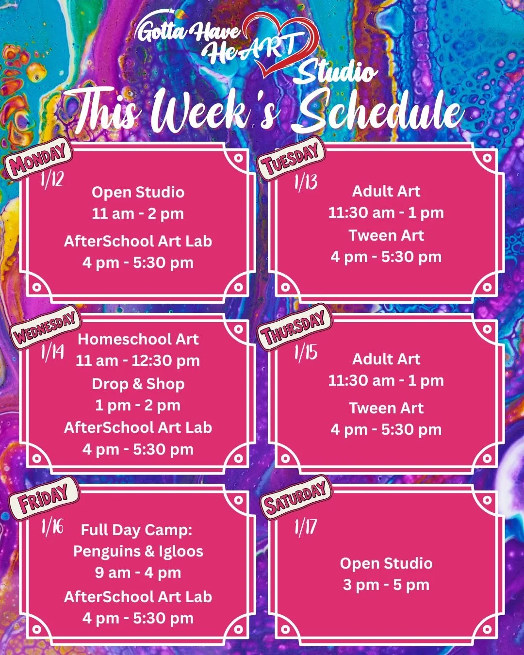 🎨✨ A full week of creativity is coming up at Gotta Have HeART Studio!

Don&rsquo;t miss our Full Day Camp: Penguins &amp; Igloos on Friday 🐧❄️

Save your spot and come create with us!

#GottaHaveHeART #SevernaParkMD #FullDayCamp #AdultArt #Homescho