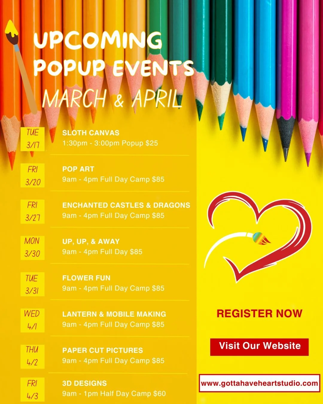 🎨✨ March &amp; April Pop-Ups are officially live on the website! 

From our Sloth Canvas Pop-Up to creative full-day camps, spring is going to be FULL of color and fun at the studio 💛

Spots are limited! Grab yours now!

#gottahaveheartstudio  #Spr