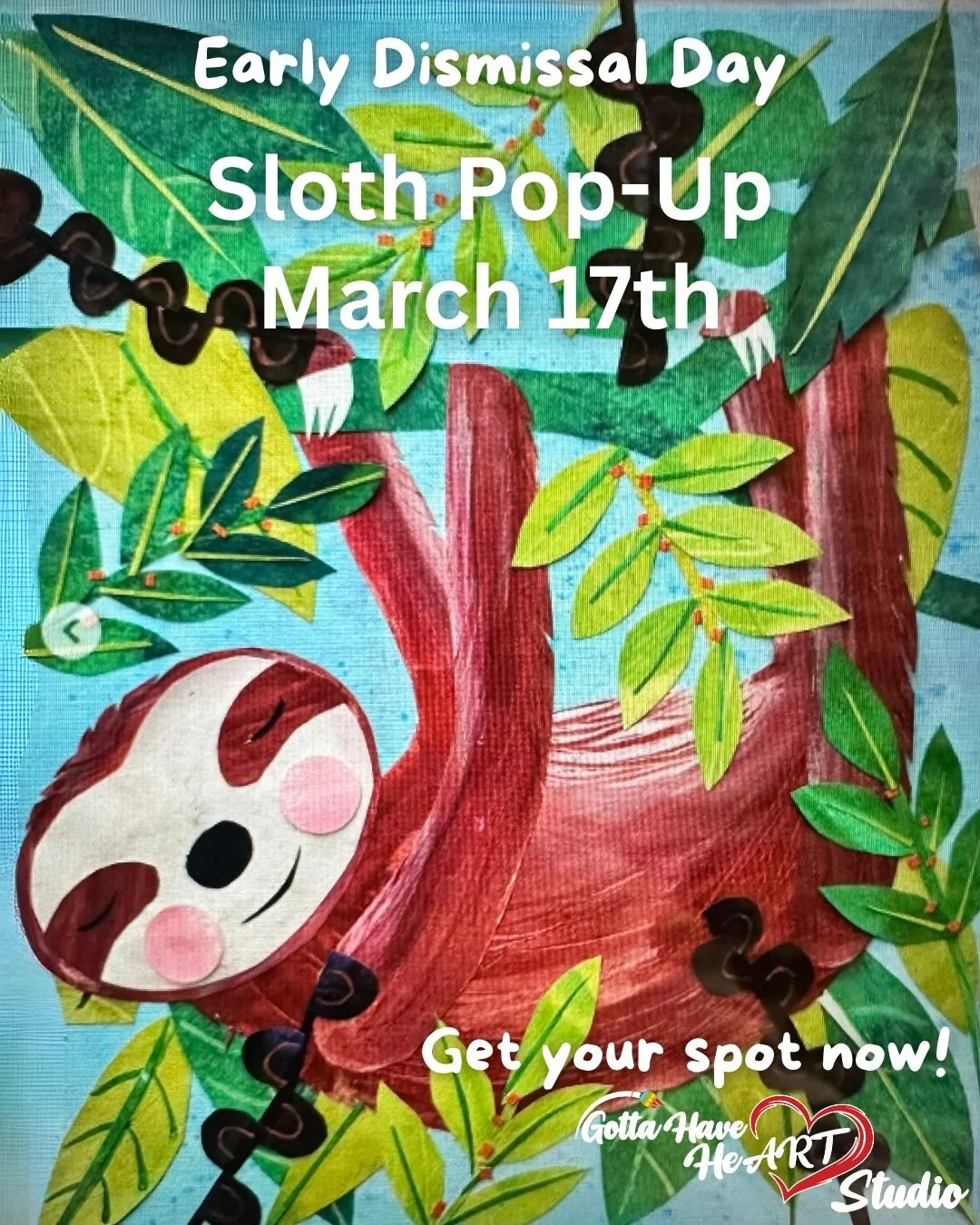 🦥🎨 Early Dismissal Day = Sloth Day at the Studio 

Join us on March 17th from 1:30&ndash;3:00 PM for our adorable Sloth Pop-Up! Kids will create this sweet canvas and spend their early dismissal getting creative.

👉 Grab your seat now!

#GottaHave