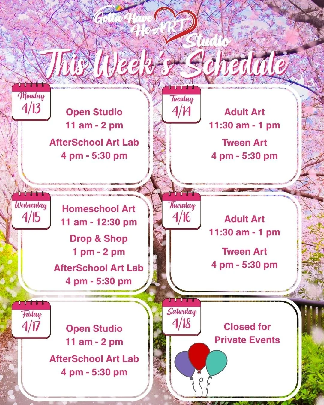 🎨 Here&rsquo;s what&rsquo;s happening at the studio this week!

From Open Studio time to AfterSchool Art Lab, Tween Art, and Adult Art, there are so many ways to get creative with us 💛

✨ Need a little time to yourself? Don&rsquo;t forget about Dro