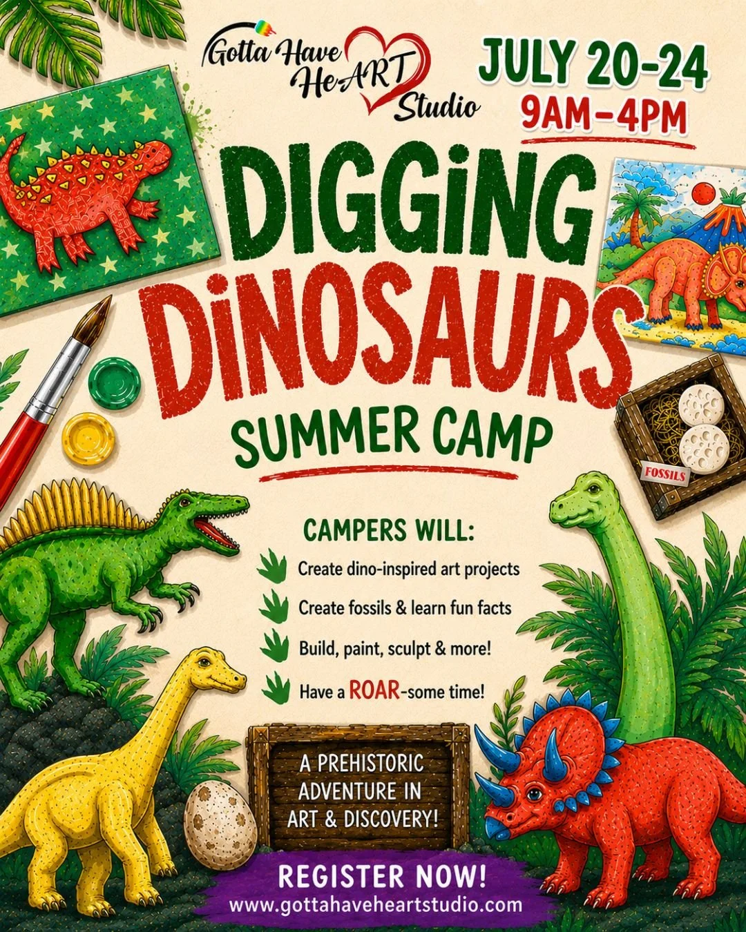 🦕🎨 Get ready for a ROAR-some week of creativity at Gotta Have HeART Studio!

Our Digging Dinosaurs Summer Camp is packed with dino-inspired art projects, fossil creations, painting, sculpting, and hands-on fun all week long 🦖✨

From colorful dinos