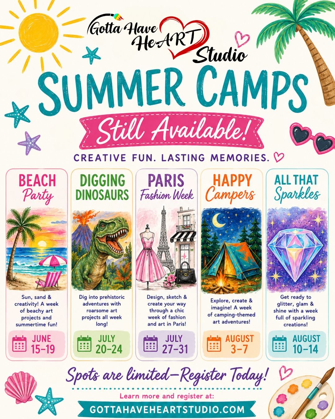 🚨Most of our Summer Camps are officially SOLD OUT! 

These are our camps with some spots still available.

🏖 Beach Party
🦖 Digging Dinosaurs
🗼 Paris Fashion Week
🏕 Happy Campers
✨ All That Sparkles

 💚 If one of these themes has been on your li