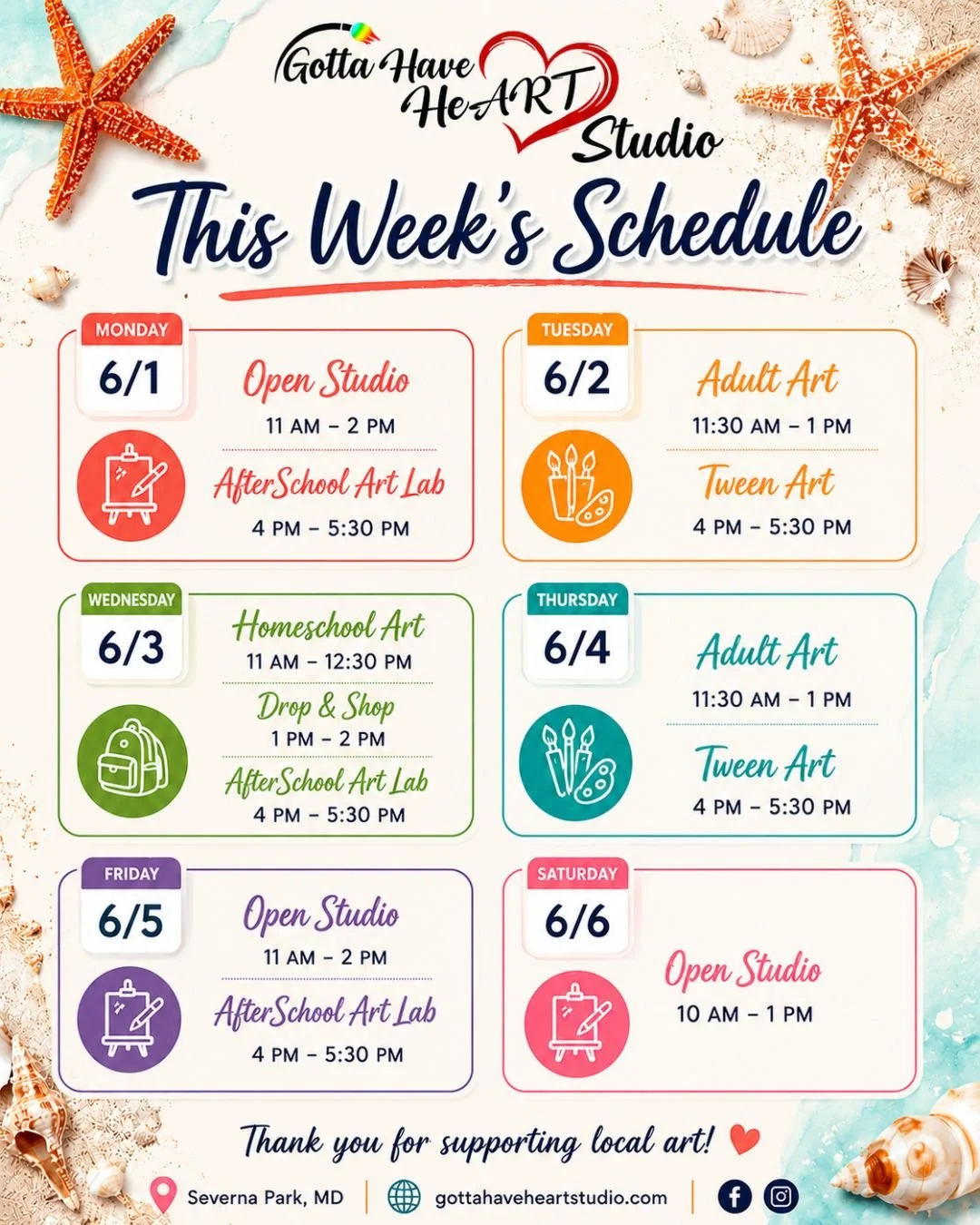🎨☀️ A new week of creativity is here at Gotta Have HeART Studio!

From Open Studio and AfterSchool Art Lab to Tween Art, Adult Art, and Homeschool Art, we&rsquo;ve got something happening almost every day this week 💚

And good news&hellip; Saturday