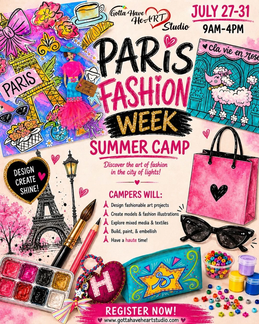 🇫🇷✨ Ooh la la! Get ready for a week of fashion, art, and Parisian-inspired creativity!

At our Paris Fashion Week Summer Camp, campers will design fashionable art projects, create fashion illustrations, explore mixed media, and add their own unique