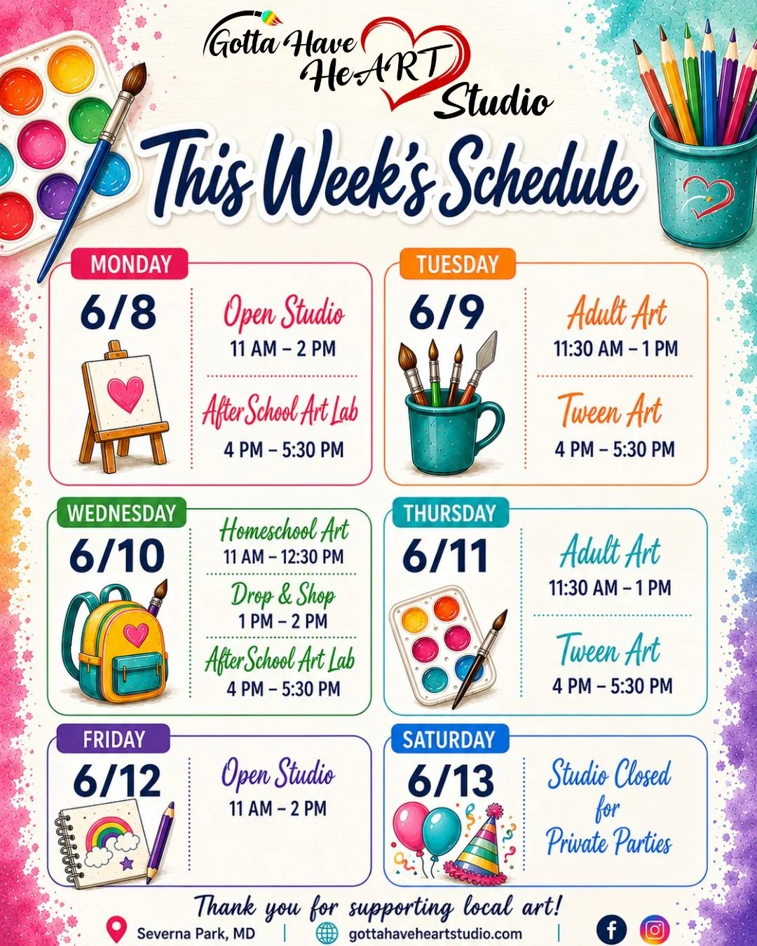 ☀️ One more week of weekday classes before Summer Camps begin!

😎 This is your last chance to join us for AfterSchool Art Lab, Tween Art, Adult Art, and Homeschool Art before we shift into an exciting summer full of camp adventures.

🎨 Whether you'