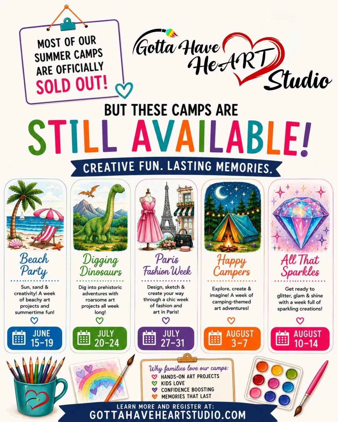 🎨☀️ There&rsquo;s still time to grab a spot in these creative adventures:

🏖️ Beach Party
🦖 Digging Dinosaurs
🗼 Paris Fashion Week
🏕️ Happy Campers
✨ All That Sparkles

These weeks are packed with imagination, hands-on art, and memories your kid