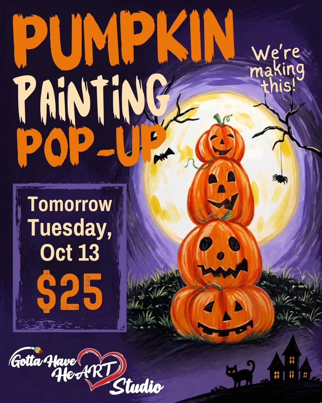 🎃 Our Tuesday Pop Up is happening tomorrow, October 13, and we&rsquo;ll be making this fun stacked pumpkin painting!

👻 Join us for a creative night at the studio and make your own Halloween masterpiece.

Cost: $25 per person

#GottaHaveHeARTStudio