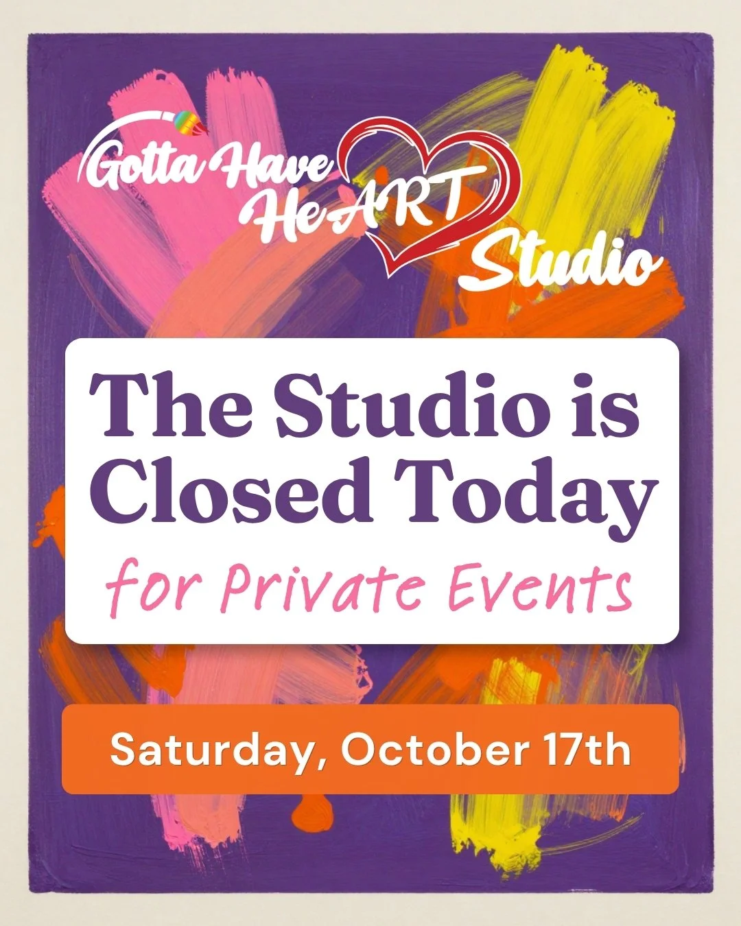 🎨❤️ The Studio is Closed Saturday, October 17th!

We're taking a break from Open Studio to celebrate some special occasions with private events! 🎉🎨

We'll be back creating with you soon!

Want to plan your own private event with us? We'd love to c