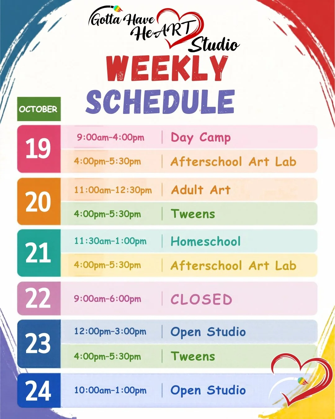 🎨🌈 A New Week of Creativity at Gotta Have HeART Studio!

👀Saint Martin's might be closed tomorrow, but we're OPEN for Day Camp! Come spend the day creating with us!

🎨 Don't forget! We have Open Studio on Friday AND Saturday! Stop by and let your