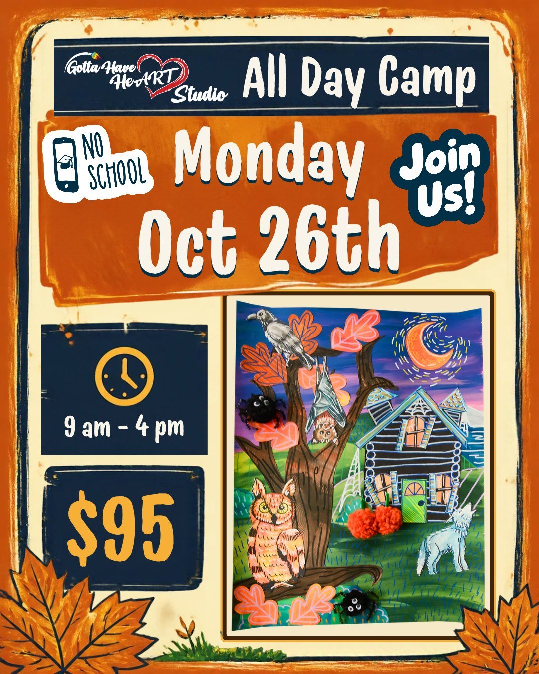 🎨 No school for Anne Arundel County on the 26th? Come create with us!

Join us for All Day Camp on Monday from 9 am &ndash; 4 pm!

Cost: $95

 🍂 If your child loves to create, this is a fun way to spend the day off from school!

#GottaHaveHeARTStud