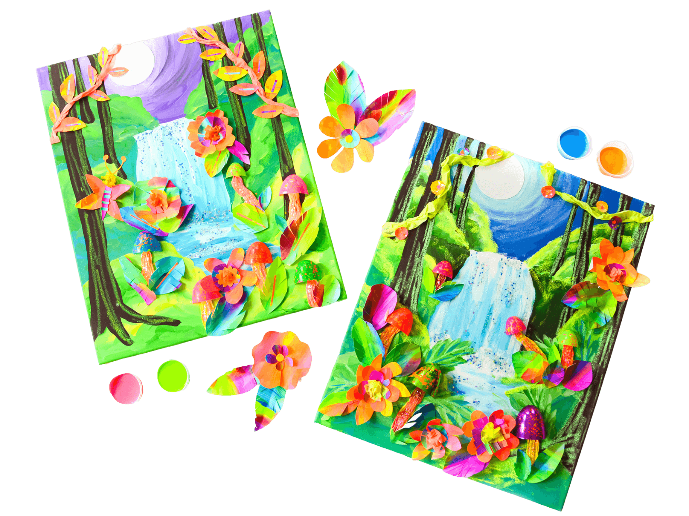 Two colorful collage artworks depicting vibrant forest scenes with waterfalls, featuring painted backgrounds and layered paper flowers and leaves. Bright paints are visible alongside the artwork.