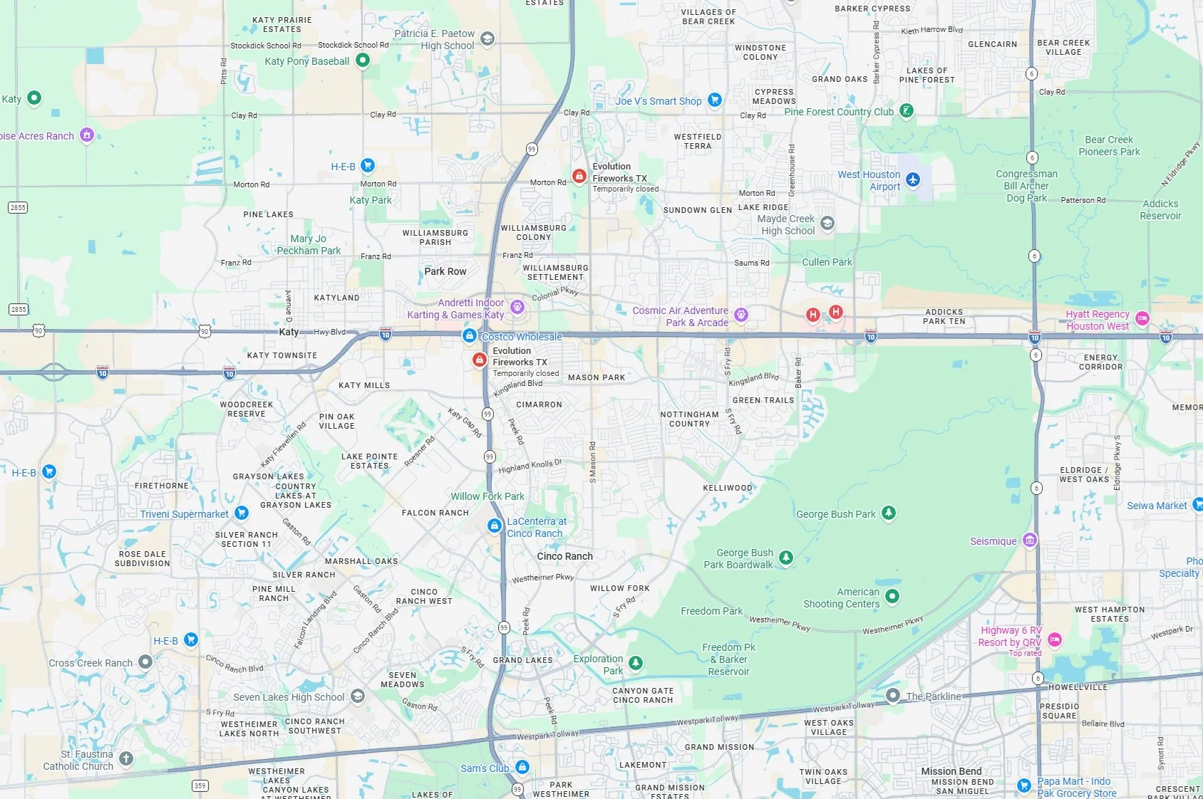 Map location of fireworks stands near West Houston