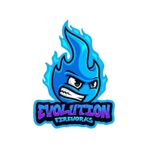 Blue flame cartoon with an intense look above EVOLUTION FIREWORKS text—perfect for events or Fireworks near me and Fireworks in Katy, TX searches.