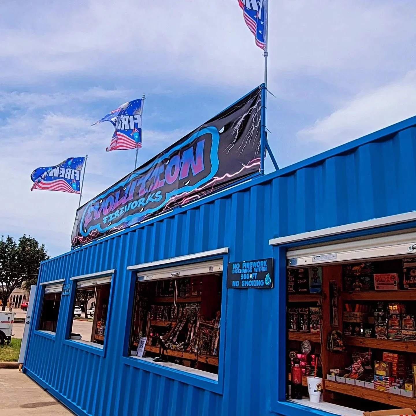 Evolution Fireworks stand in Katy TX with Product displayed ready for customer shopping