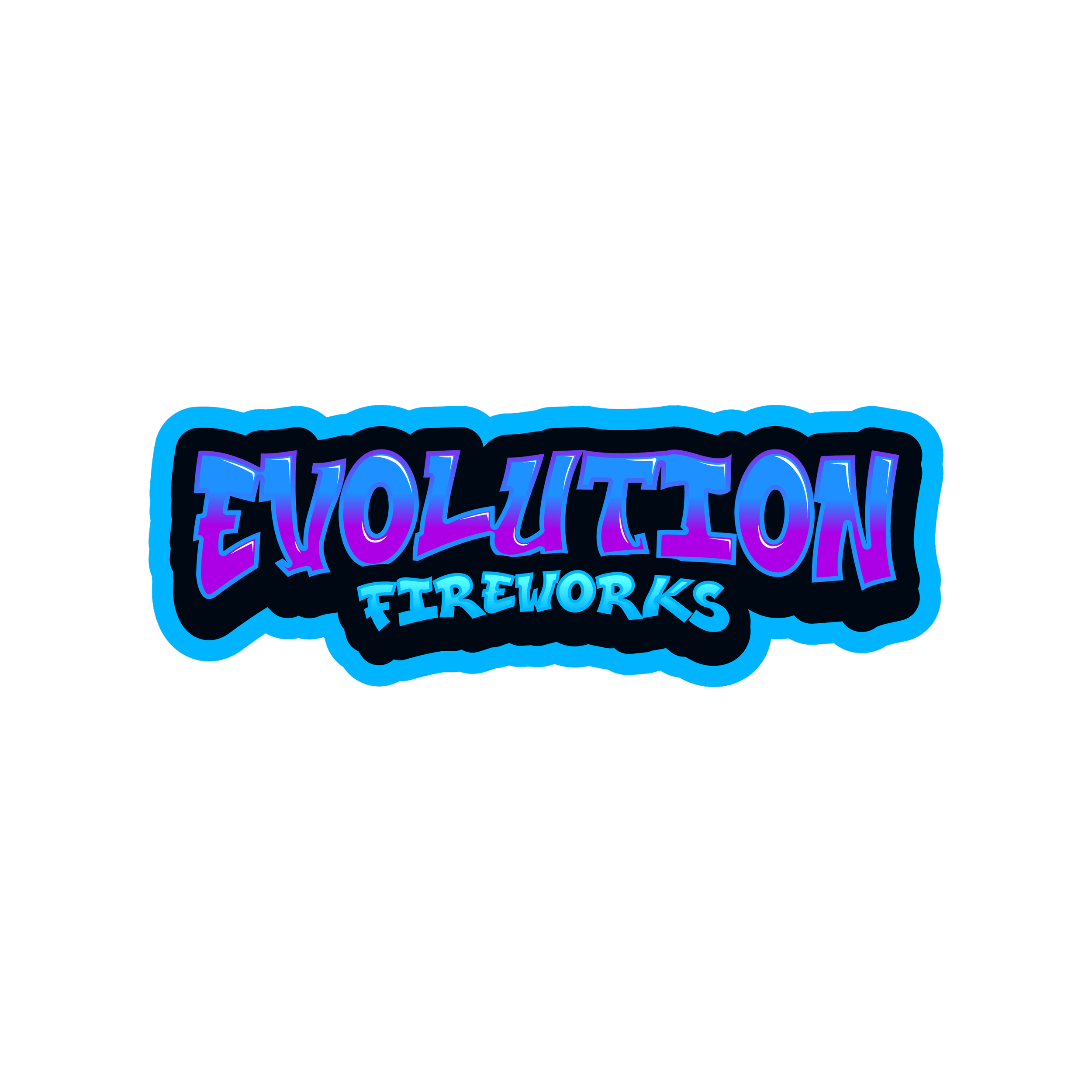 Evolution Fireworks logo in bold, blue and purple graffiti-style text—perfect for searching fireworks near me on a black background.