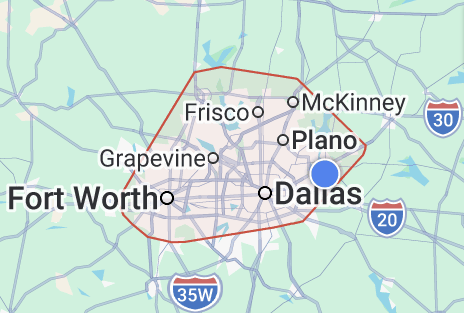 Map of Dallas, Texas with surrounding cities Frisco, McKinney, Plano, Grapevine, Fort Worth, and highways 30, 20, and 35W highlighted.