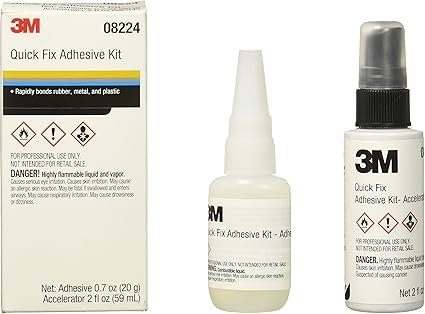 3M Quick Fix Adhesive Kit, 08224.
Super strong adhesion in seconds
Bonds plastics, metals, glass and other impervious surfaces
Resists temperature swings, shocks and cleaning agents
Versatility means one adhesive handles many tasks
May be used for bo