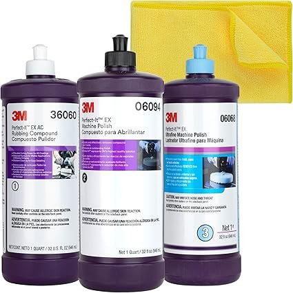 3M Perfect It Buffing and Polishing Kit | 36060 06094 06068 Rubbing Compound, Machine Polish, Ultrafine.
-36060 3M RUBBING COMPOUND 1 QUART: This fast-cutting, fine-finishing compound removes fine grade (P1200 or finer) sand scratches and small surfa