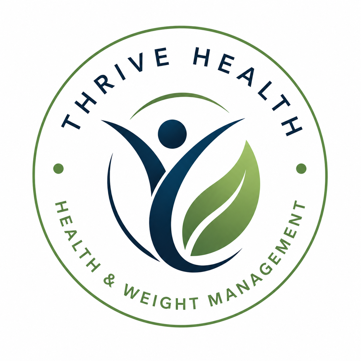 Logo for Thrive Health & Weight Management featuring a stylized human figure with outstretched arms, surrounded by a circular green border with the text 'Thrive Health & Weight Management' and 'Healh & Weight Management'.