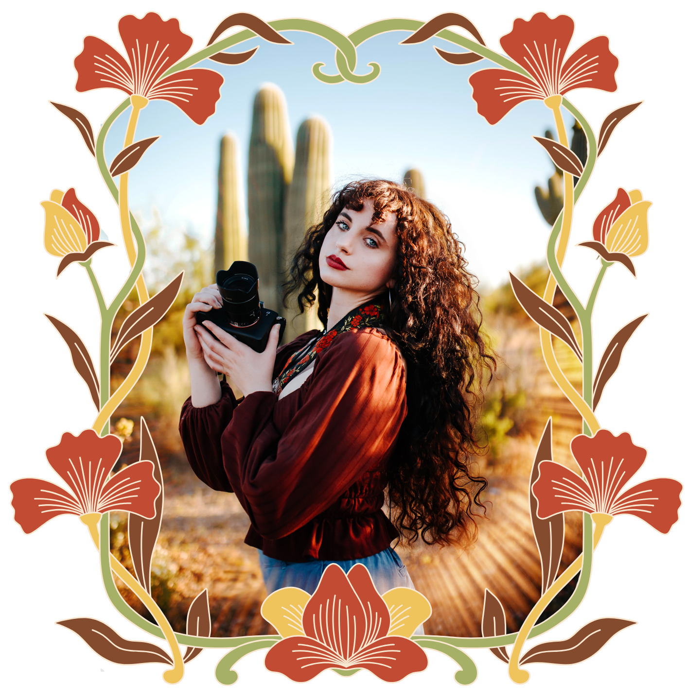A woman with curly hair and a camera stands outdoors in a desert landscape with tall cacti in the background, surrounded by a decorative floral border.