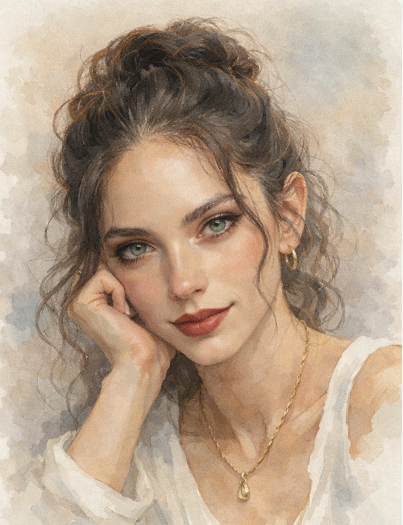 A young woman with curly brown hair, green eyes, and light makeup, resting her face on her hand. She wears gold hoop earrings and a gold necklace with a teardrop pendant, dressed in a white top.