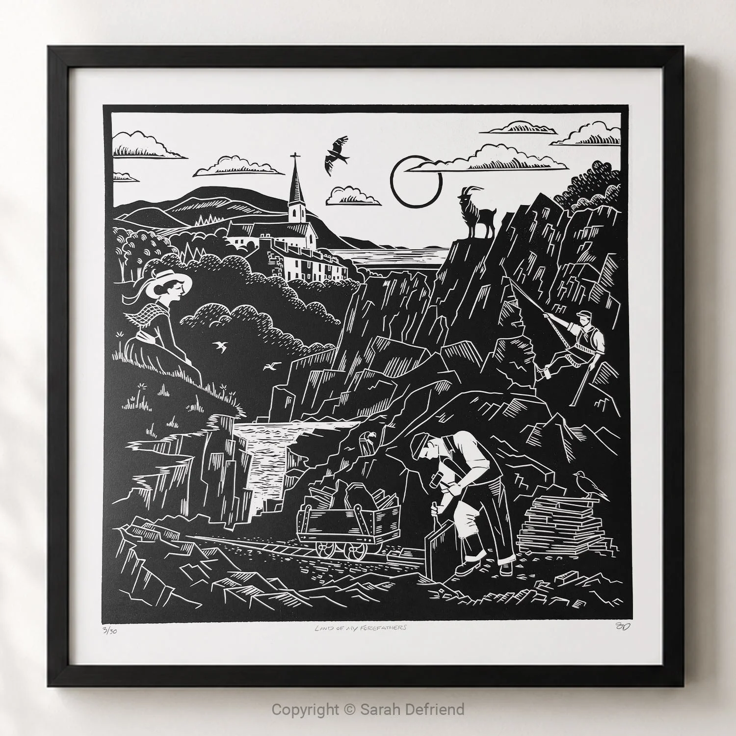 'Land of my Forefathers' lino print by Sarah Defriend framed