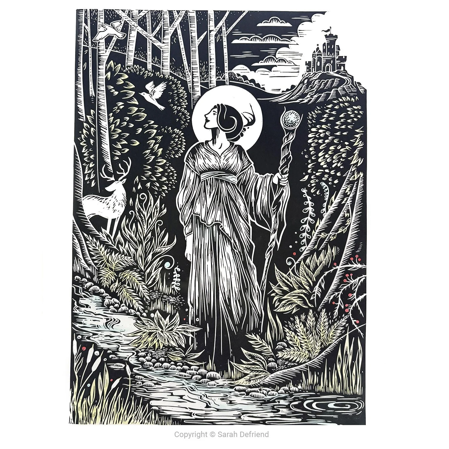 Lino print The Mabinogion: The Dream of Maxen Wledig by Sarah Defriend