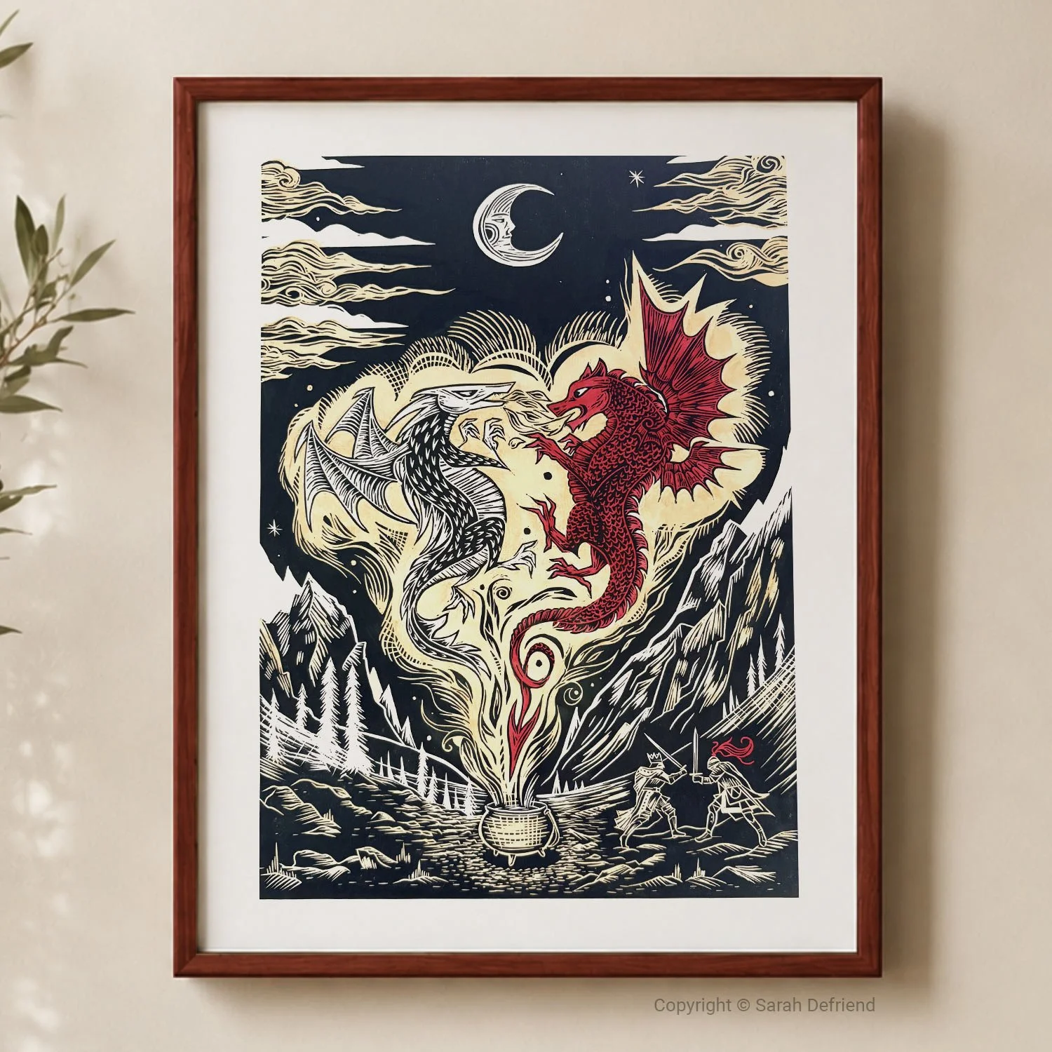 The tale of Lludd and Llevelys Mabinogion lino print by Sarah Defriend framed