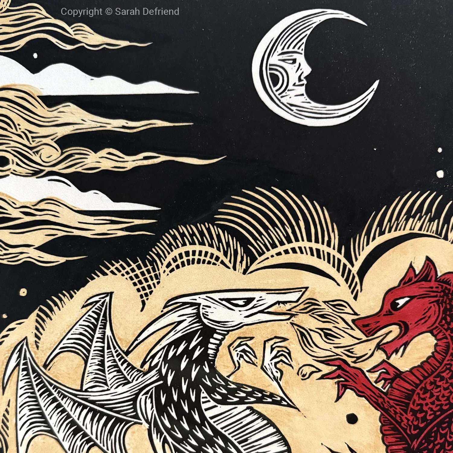 The tale of Lludd and Llevelys Mabinogion lino print by Sarah Defriend detail