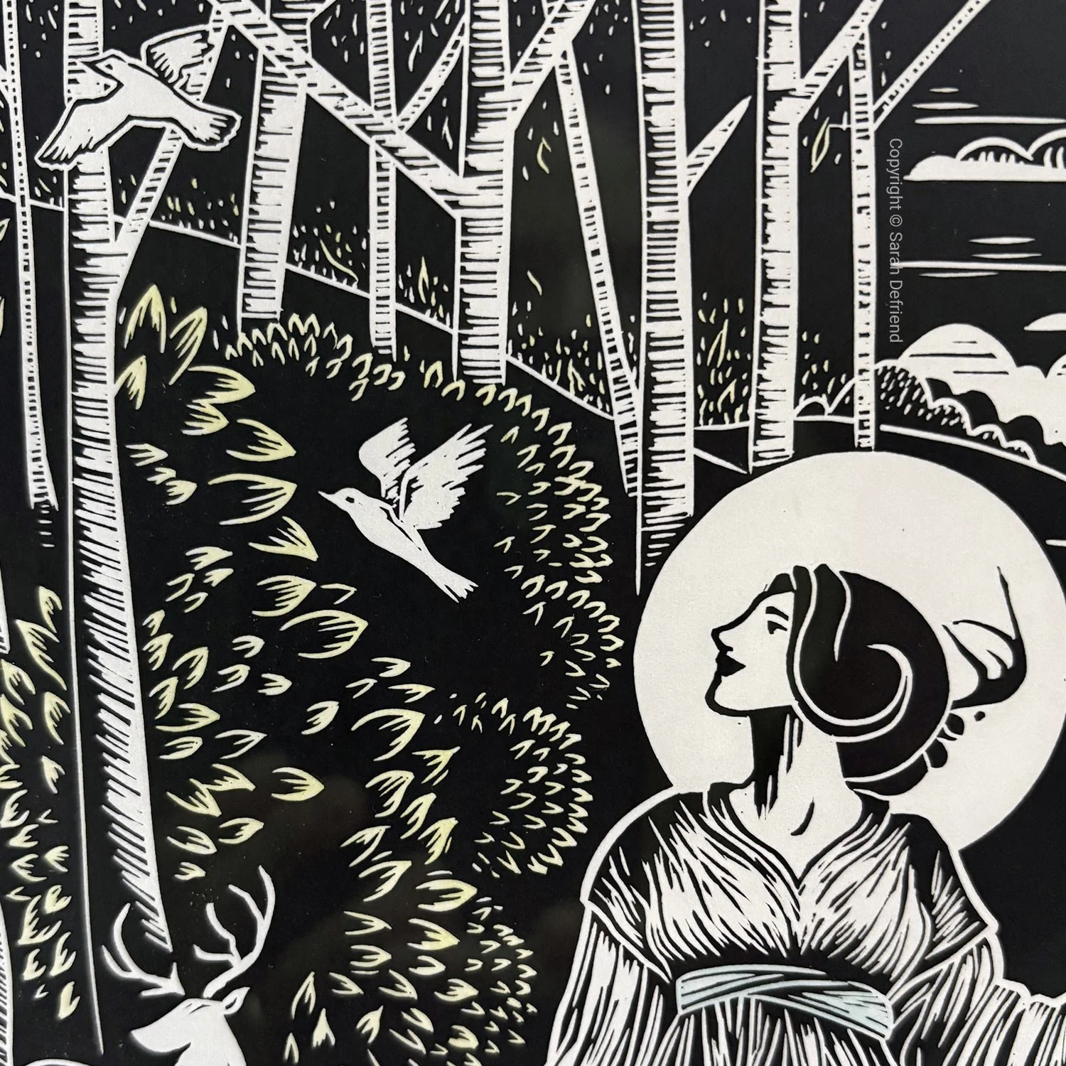 Lino print The Mabinogion: The Dream of Maxen Wledig by Sarah Defriend detail