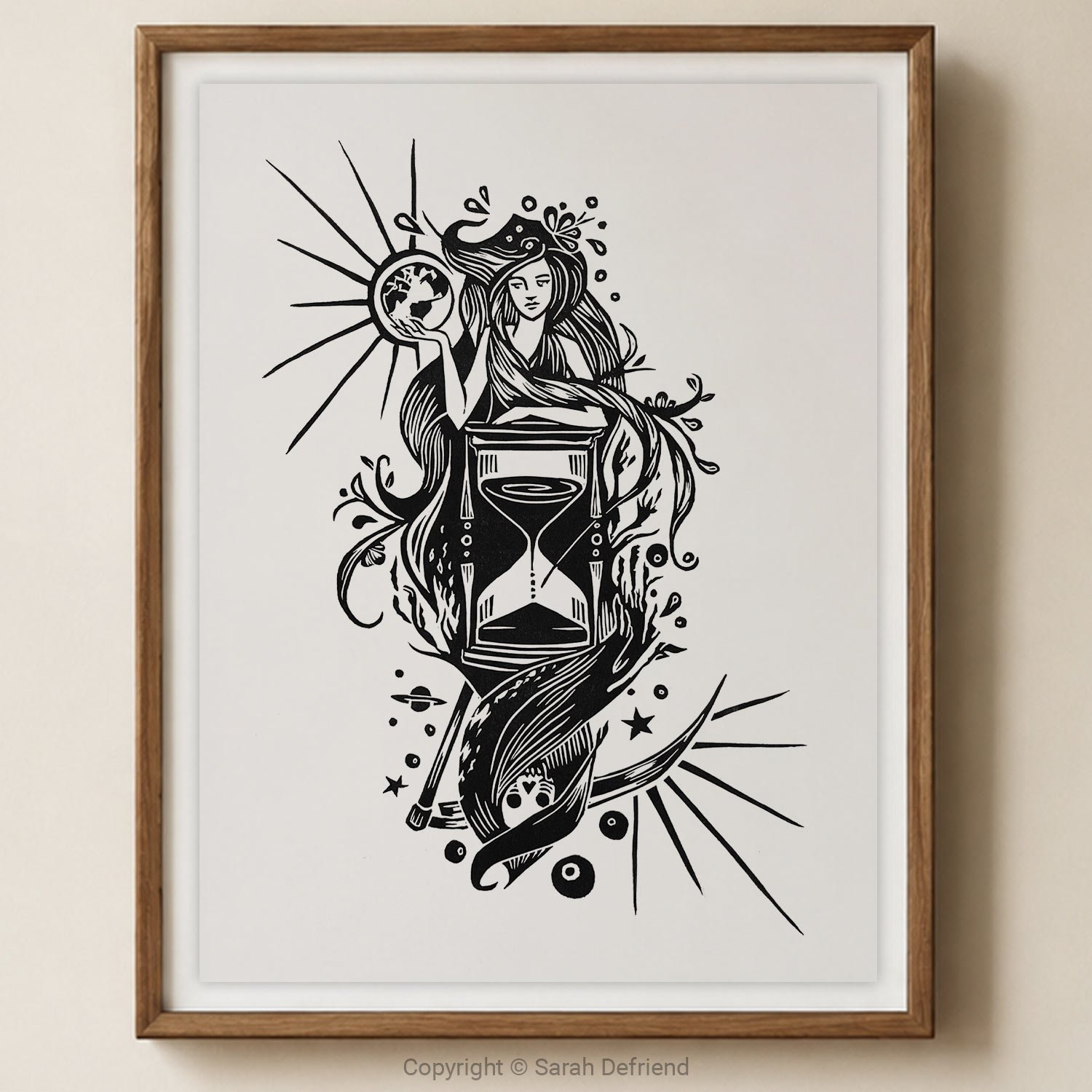 'Time' lino print by Sarah Defriend framed