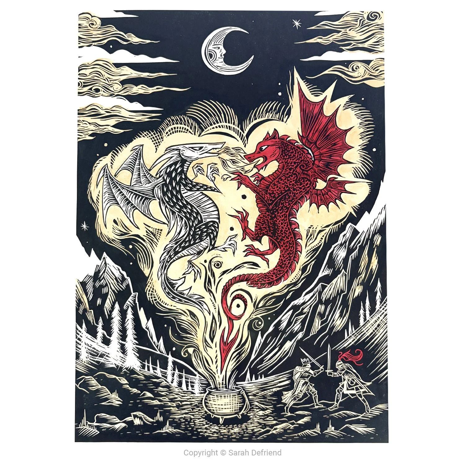 The tale of Lludd and Llevelys Mabinogion lino print by Sarah Defriend