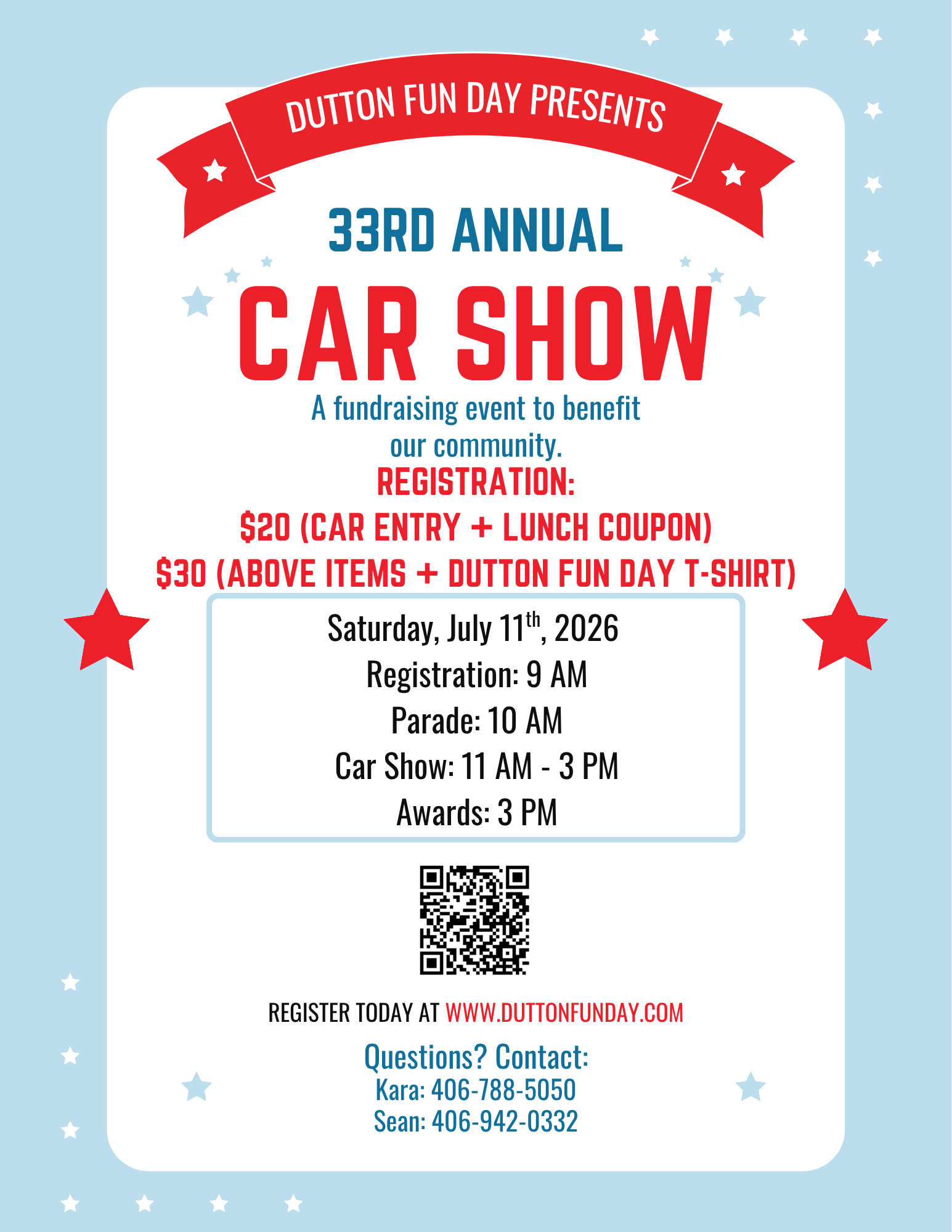Poster showing the 33rd Dutton Car Show and information to register.