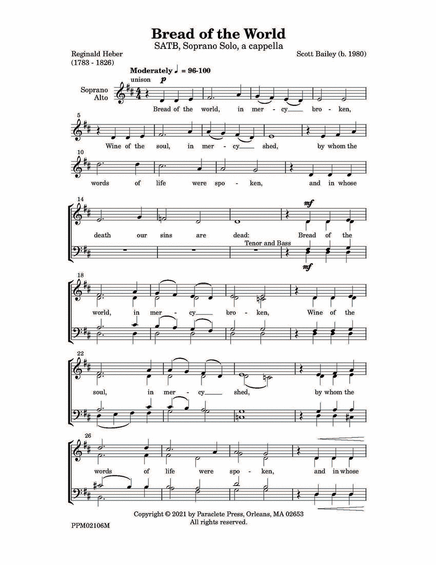 Music sheet titled 'Bread of the World' by Scott Bailey, lyrics about communion and wine, with musical notes for soprano and alto voices.