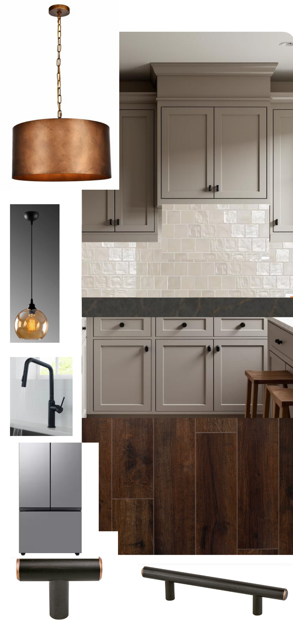 Kitchen design mood board featuring taupe cabinets, cream textured backsplash, dark wood flooring, brass drum pendant light, amber glass pendant light, matte black faucet, stainless steel refrigerator, and black cabinet handles.