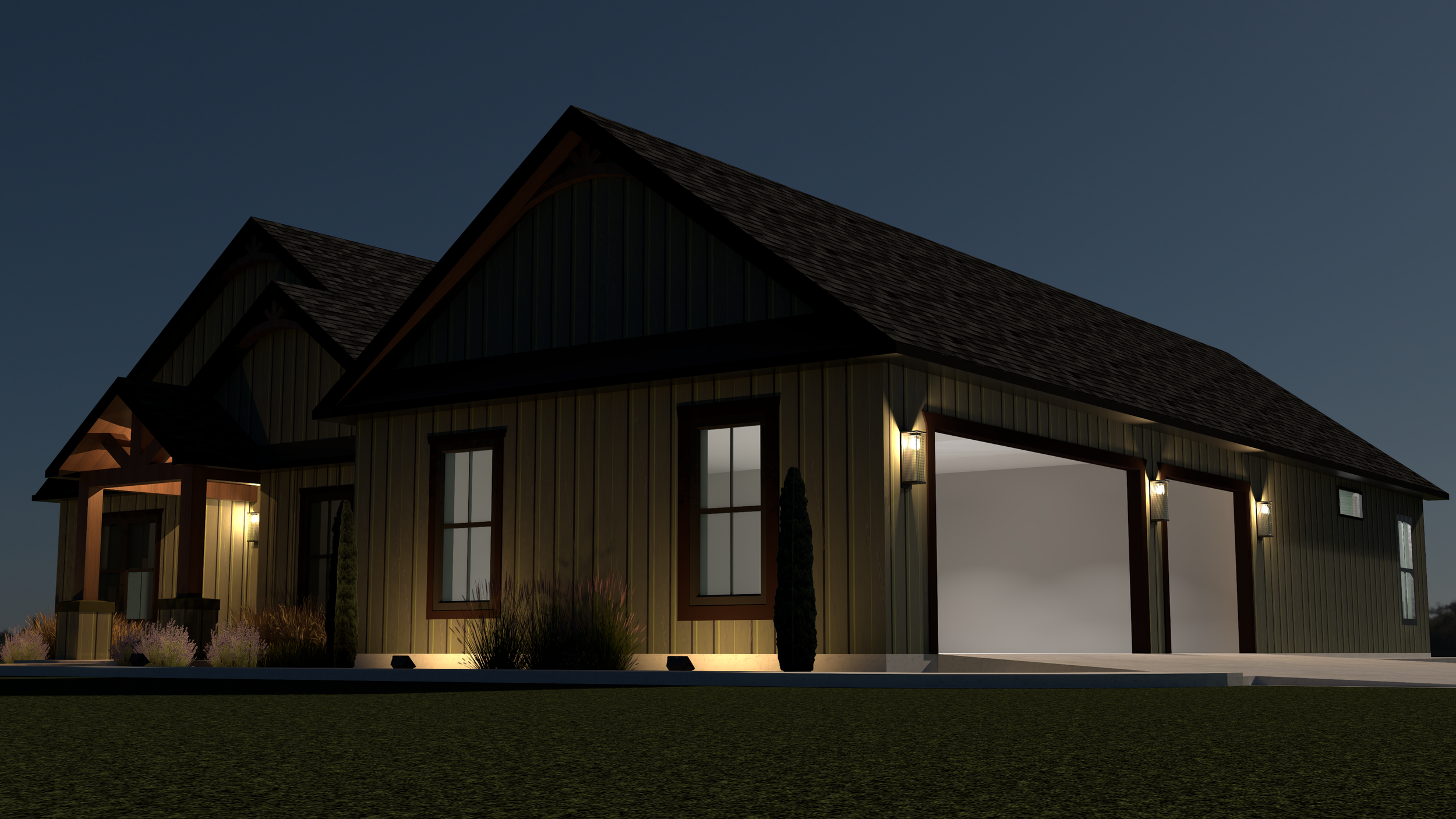 Exterior view of a single-story house with a large attached garage, illuminated by outdoor lights at night. The house features a gabled roof and a wooden porch surrounded by landscaping.