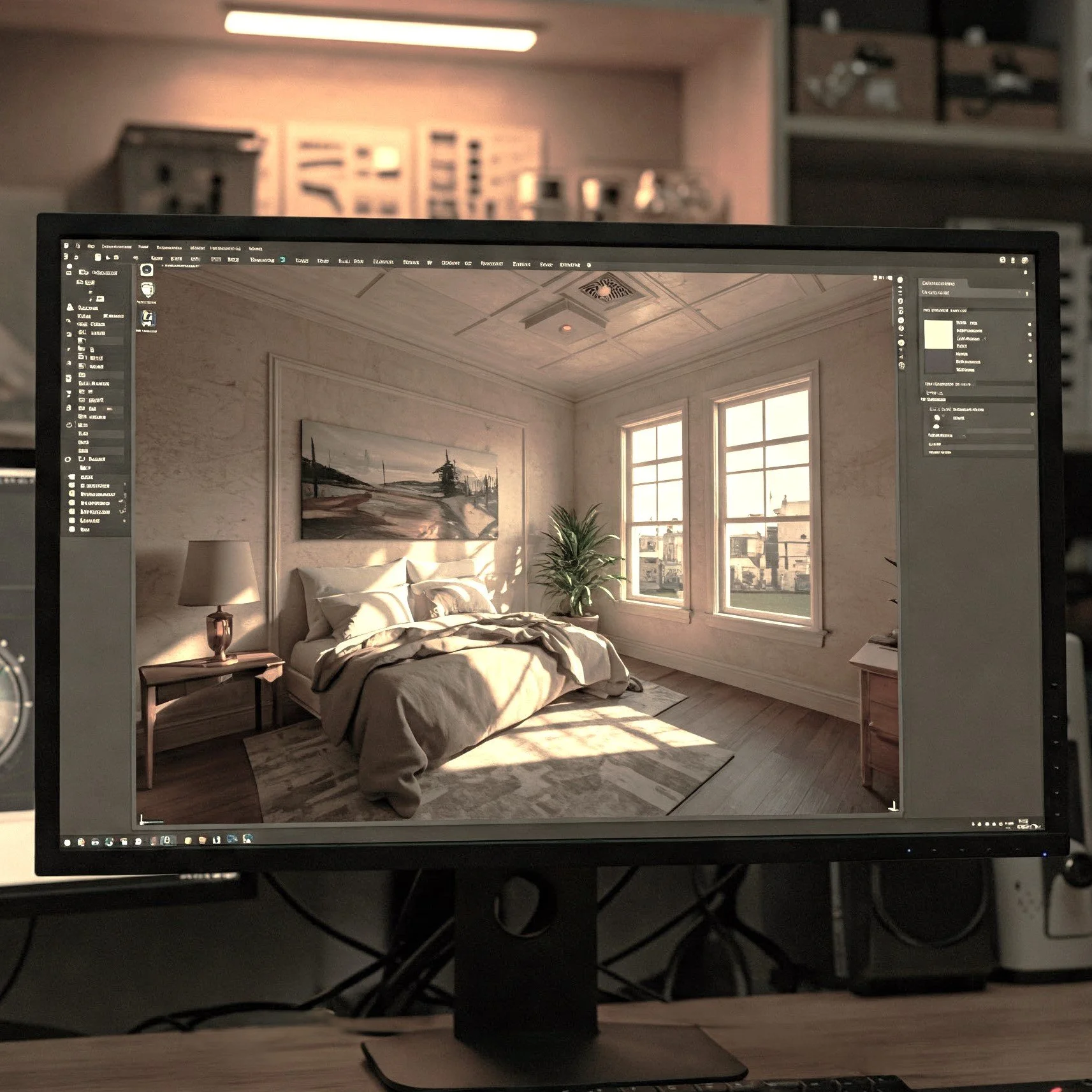 Computer monitor displaying 3D rendered bedroom scene with bed, windows, and decor.