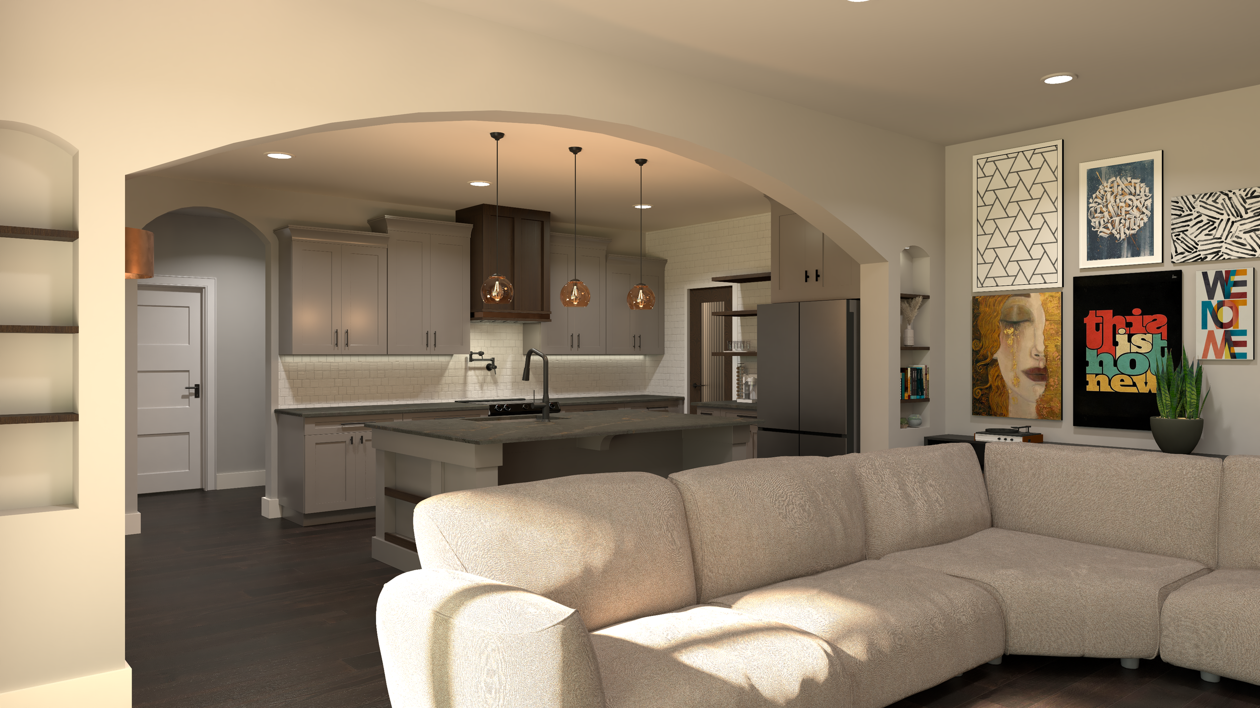 Modern open-concept living area with a kitchen, beige sofa, and wall art. The kitchen features gray cabinetry, pendant lights, and stainless steel appliances. Decorative shelves and potted plants are present.