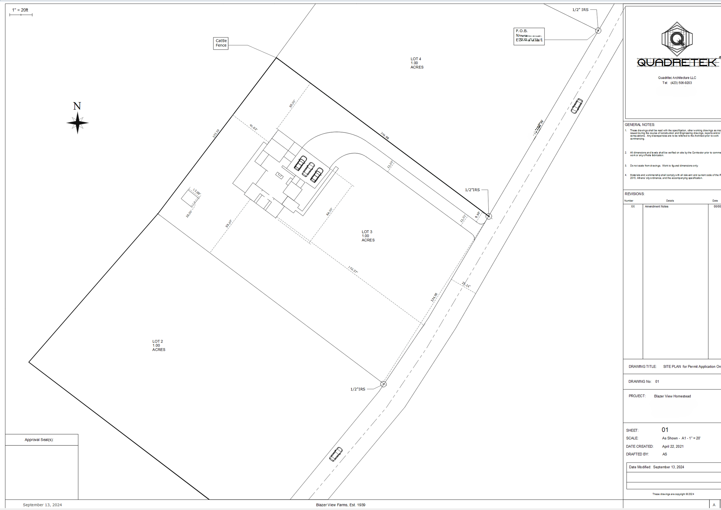 Site plan layout featuring three lots with acreage, a building footprint, a driveway, a cattle fence, and a road. Includes a compass for orientation and technical notes on the side.
