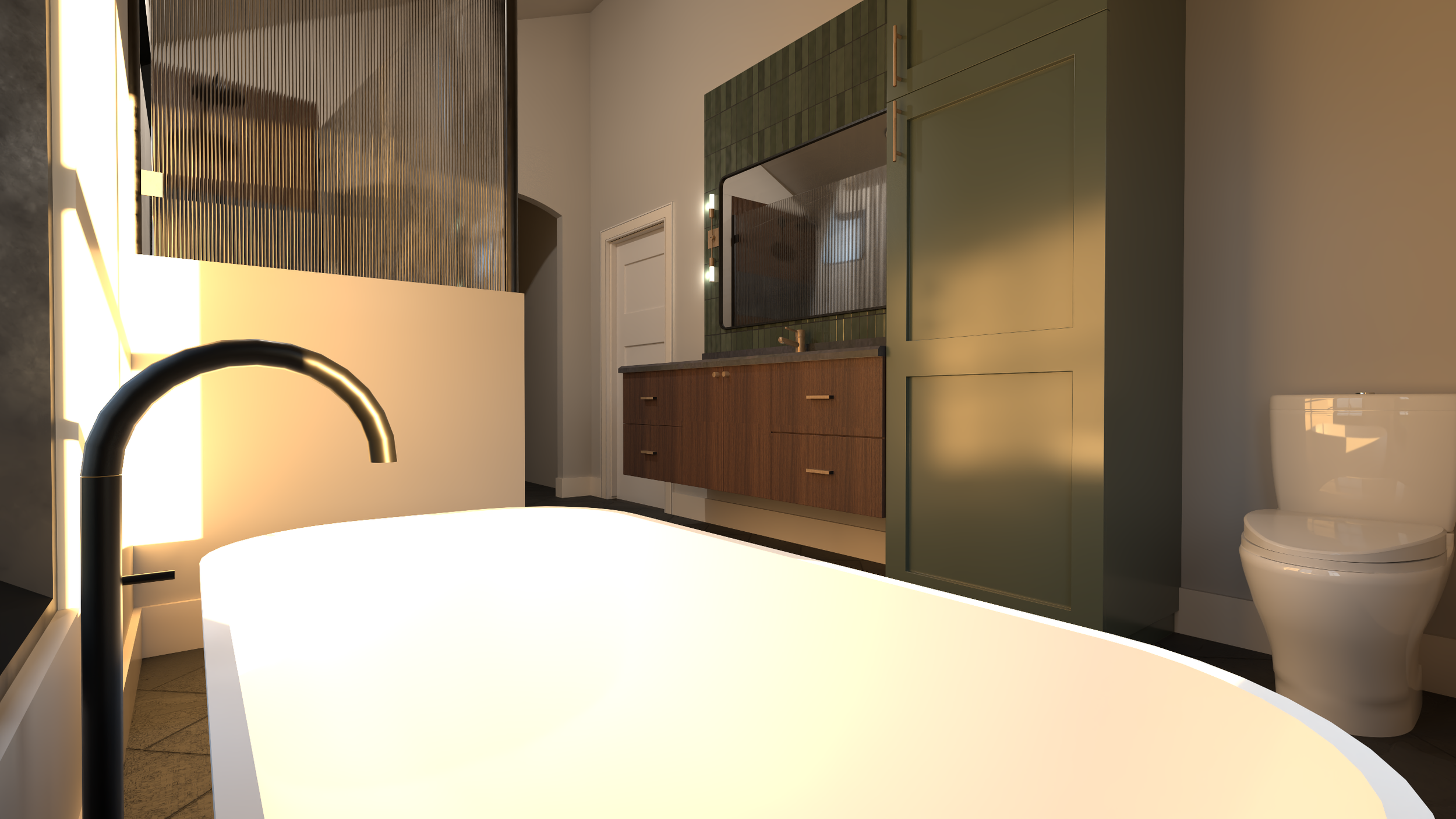 Modern bathroom with a freestanding bathtub, black faucet, wall-mounted cabinet with mirror, toilet, and soft lighting.